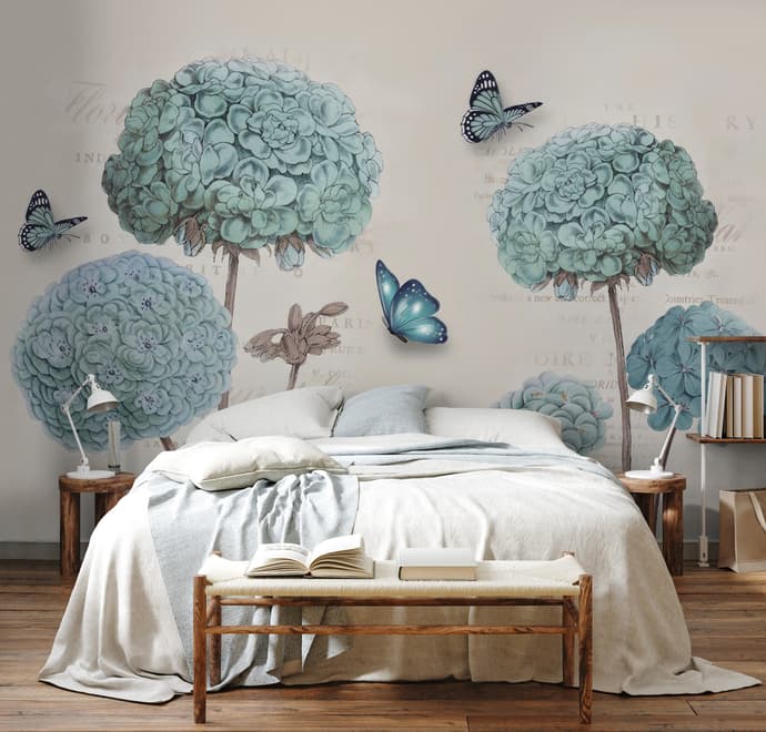 Light Blue Hydrangea Flowers and Butterflies Wallpaper Mural
