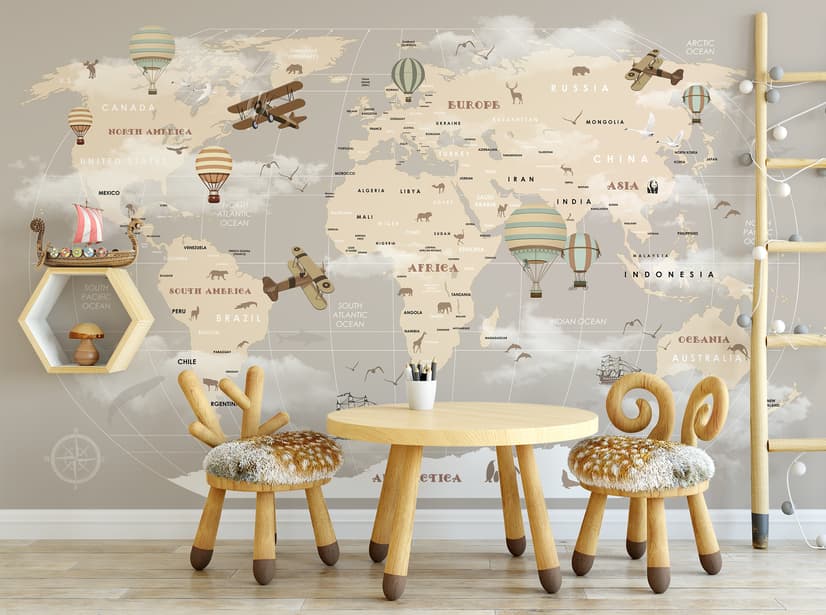 Papier peint panoramique pour enfants, beige, carte du monde et montgolfière