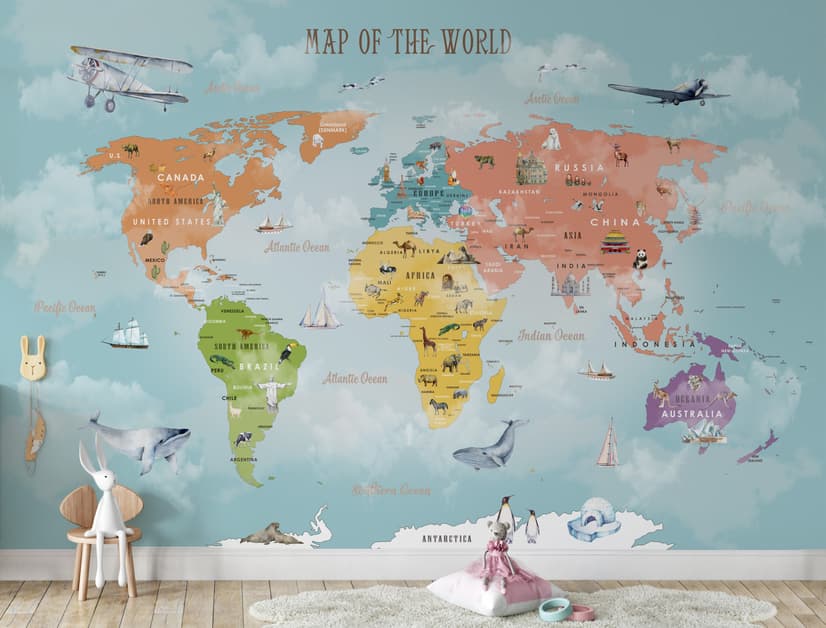 Colorful Kids World Map Wallpaper Mural