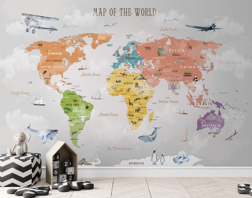 Colorful Kids World Map Wallpaper Mural