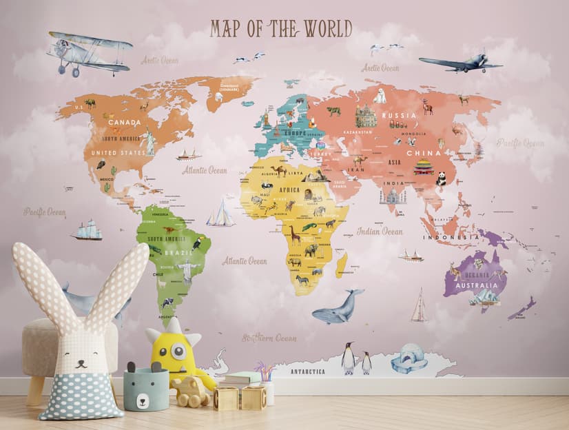 Colorful Kids World Map Wallpaper Mural