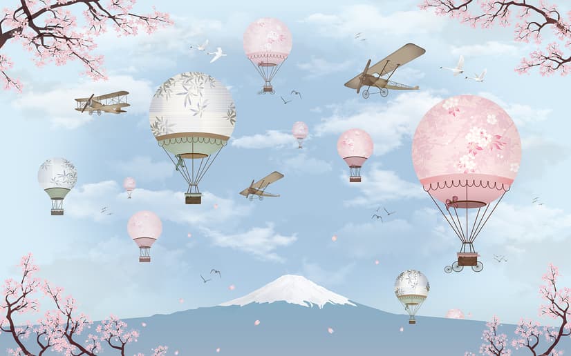 Cherry Blossom with Soft Hot Air Balloon Wallpaper Mural