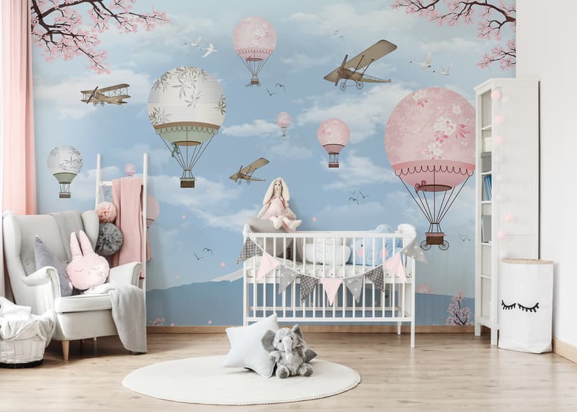 Cherry Blossom with Soft Hot Air Balloon Wallpaper Mural