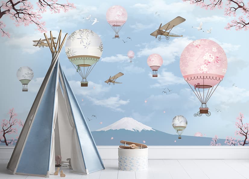 Cherry Blossom with Soft Hot Air Balloon Wallpaper Mural