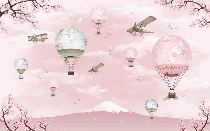Cherry Blossom with Pink Hot Air Balloon Wallpaper Mural