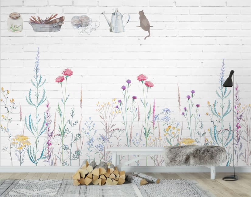 Watercolor Colorful Floral with White Brick Wall Wallpaper Mural