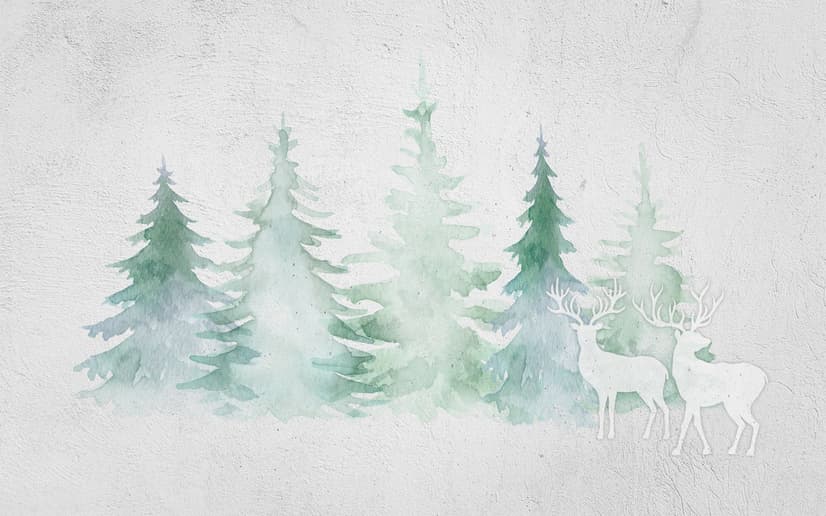 Papier peint panoramique forêt de pins d'hiver à l'aquarelle