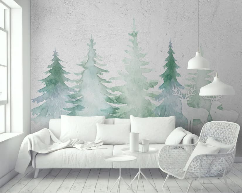 Papier peint panoramique forêt de pins d'hiver à l'aquarelle