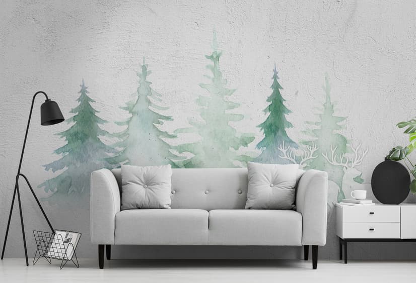 Papier peint panoramique forêt de pins d'hiver à l'aquarelle