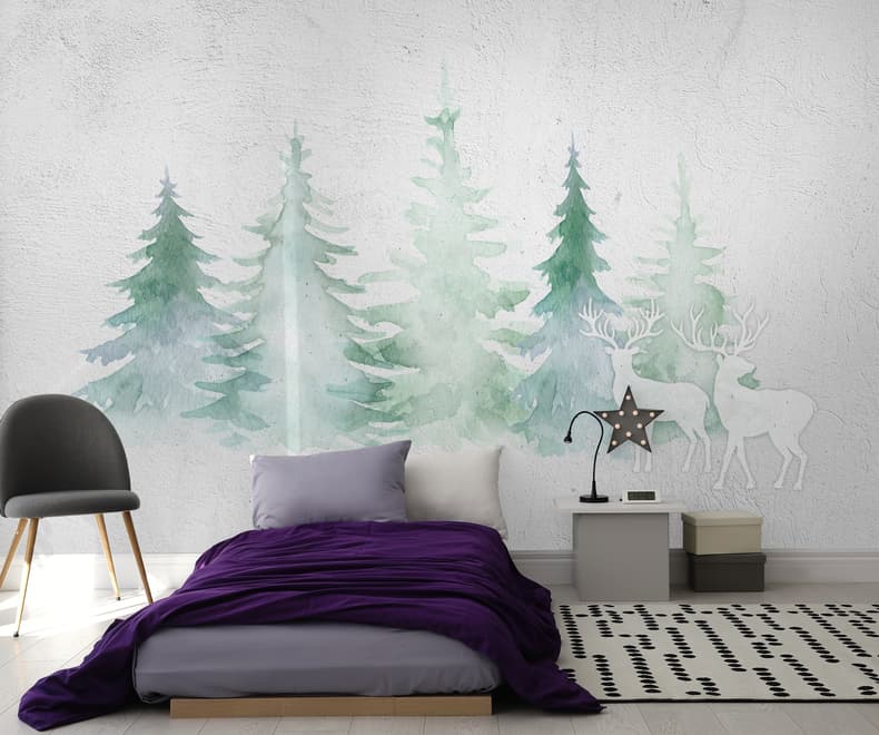 Papier peint panoramique forêt de pins d'hiver à l'aquarelle
