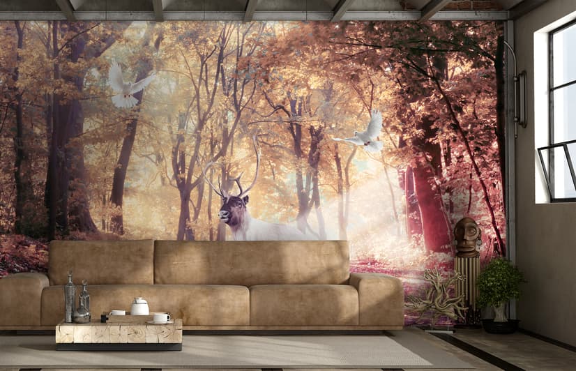 Watercolor Forest and Elk Wallpaper Mural