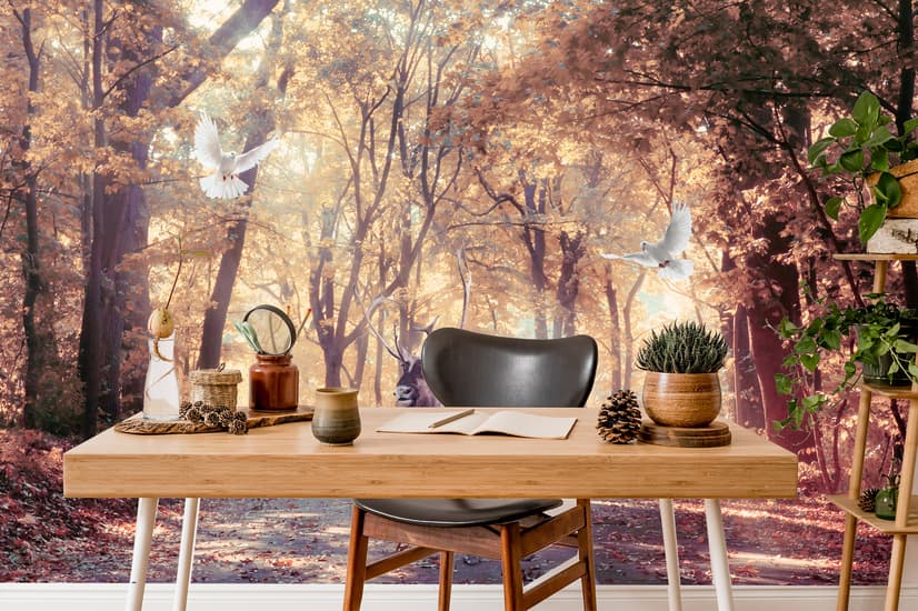Watercolor Forest and Elk Wallpaper Mural