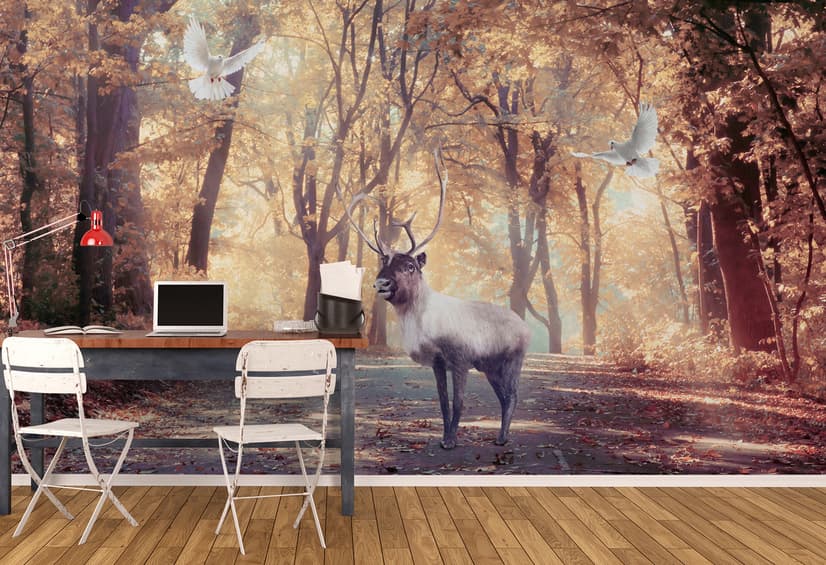 Watercolor Forest and Elk Wallpaper Mural