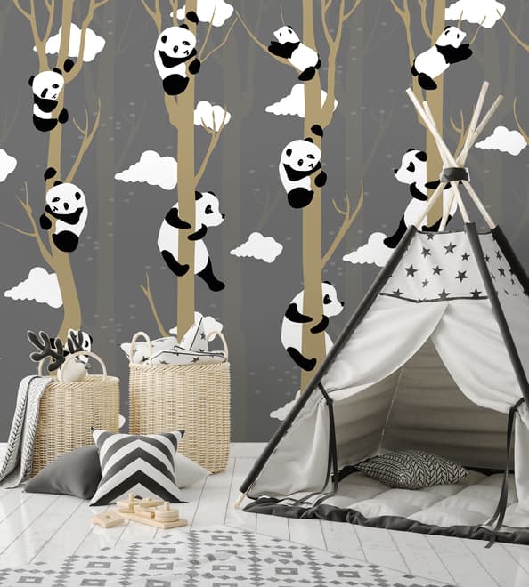 Cartoon-Pandas mit Baumzweigen Fototapete