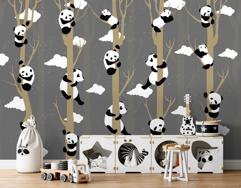 Papier peint panoramique pandas cartoon avec branches d'arbres