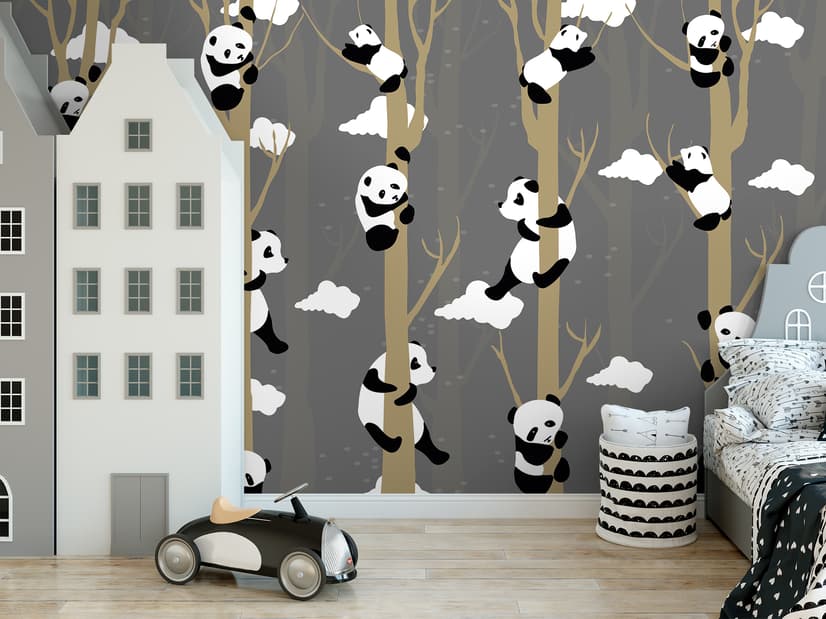 Cartoon-Pandas mit Baumzweigen Fototapete
