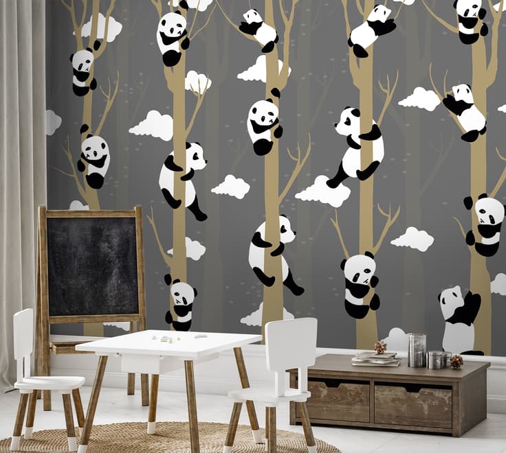 Cartoon-Pandas mit Baumzweigen Fototapete
