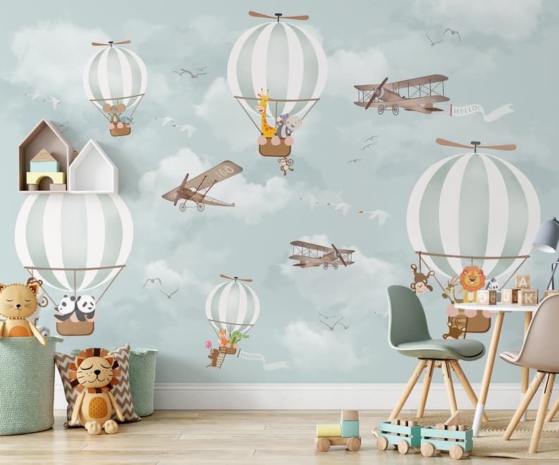 Kids Nursery Hot Air Balloon with Cartoon Animals Wallpaper Mural