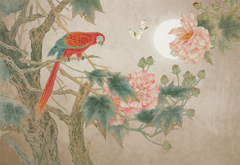 Nostalgic Peony Blossom and Parrot Wallpaper Mural