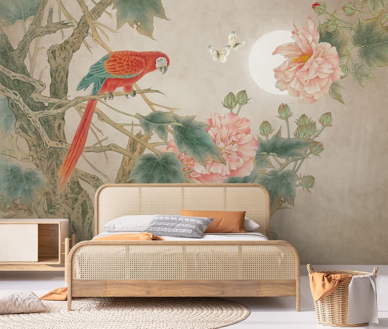 Nostalgic Peony Blossom and Parrot Wallpaper Mural
