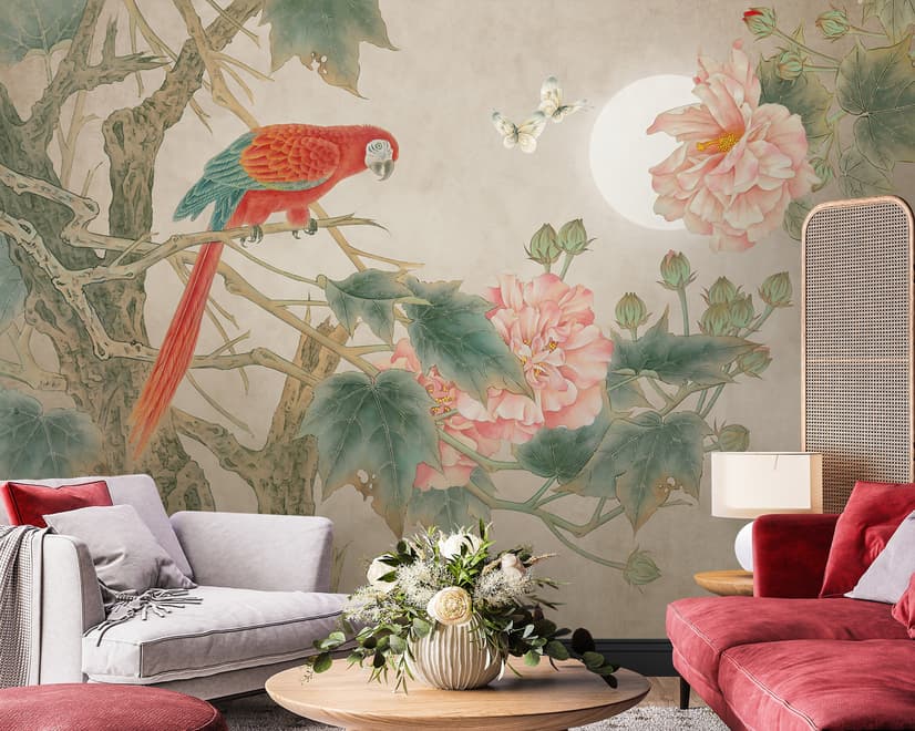Nostalgic Peony Blossom and Parrot Wallpaper Mural
