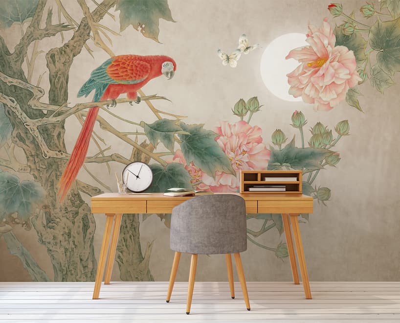 Nostalgic Peony Blossom and Parrot Wallpaper Mural