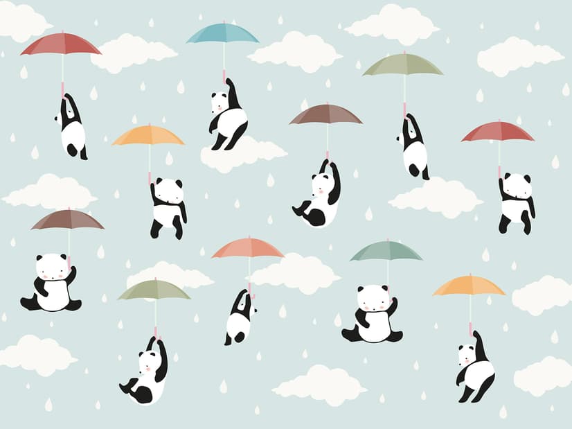 Kids Pandas With Colorful Umbrella Wallpaper Mural