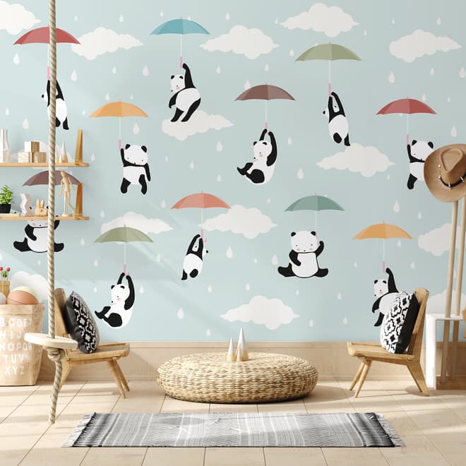 Kinder-Fototapeten mit Pandas und buntem Regenschirm