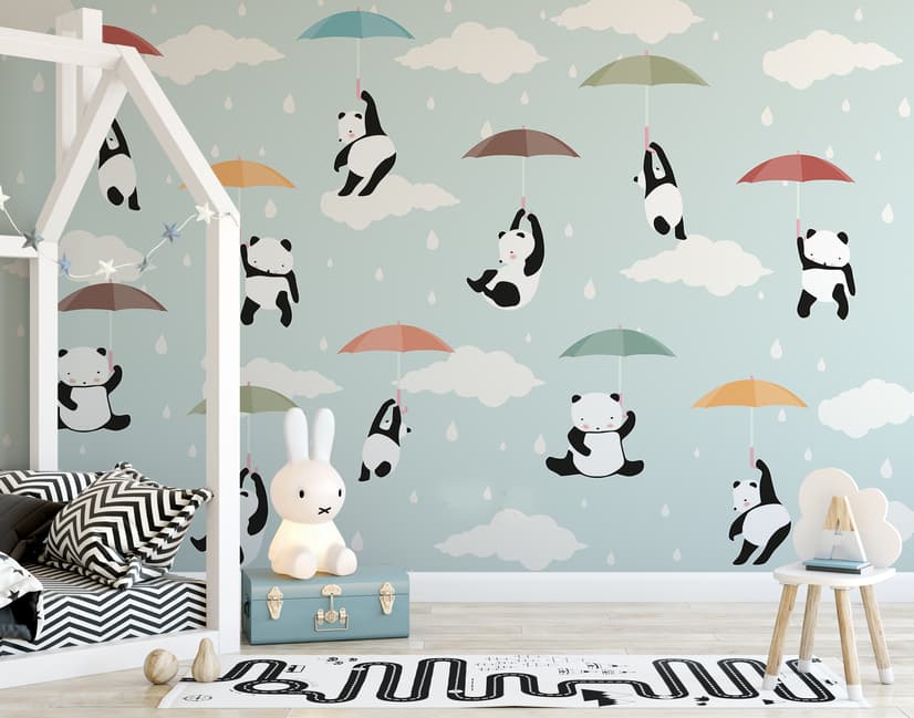 Kids Pandas With Colorful Umbrella Wallpaper Mural