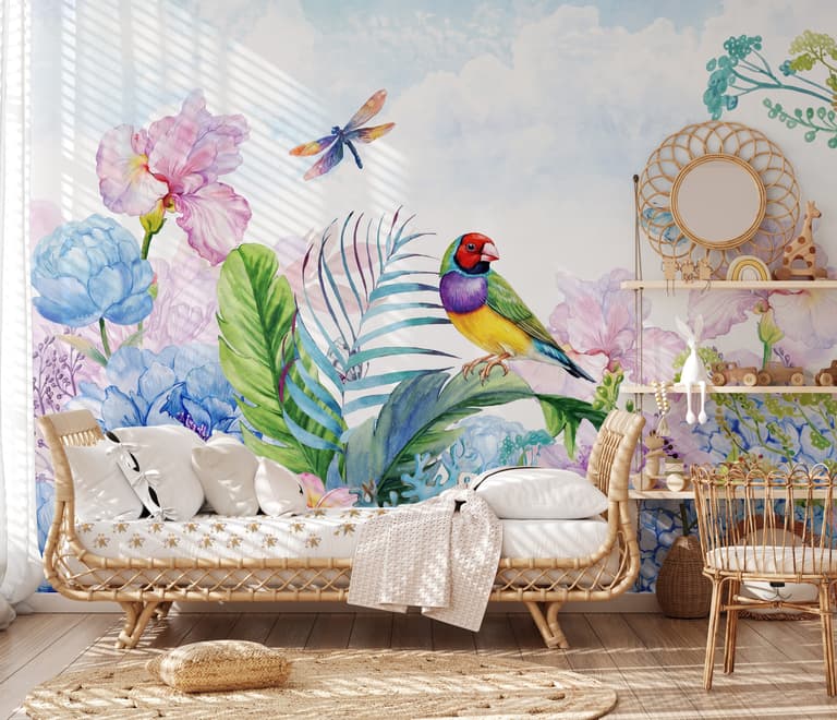 Papier peint panoramique hortensias et pivoines avec perroquet