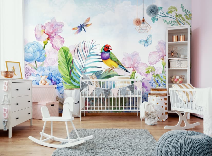 Fototapete Hortensie und Pfingstrose mit Papagei
