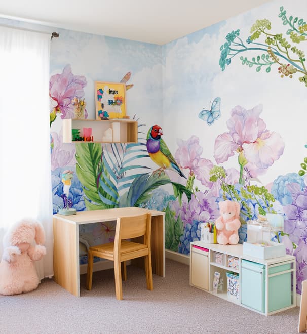 Fototapete Hortensie und Pfingstrose mit Papagei