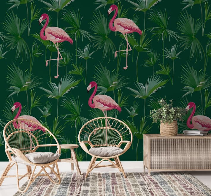 Papier peint panoramique flamant rose dans la forêt tropicale