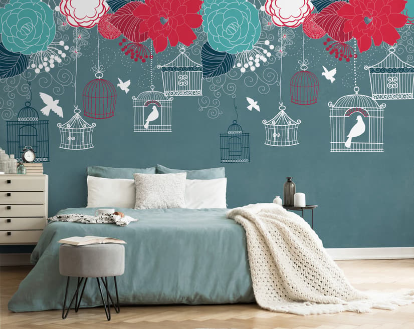 Cage Birds and Colorful Flowers Wallpaper Mural