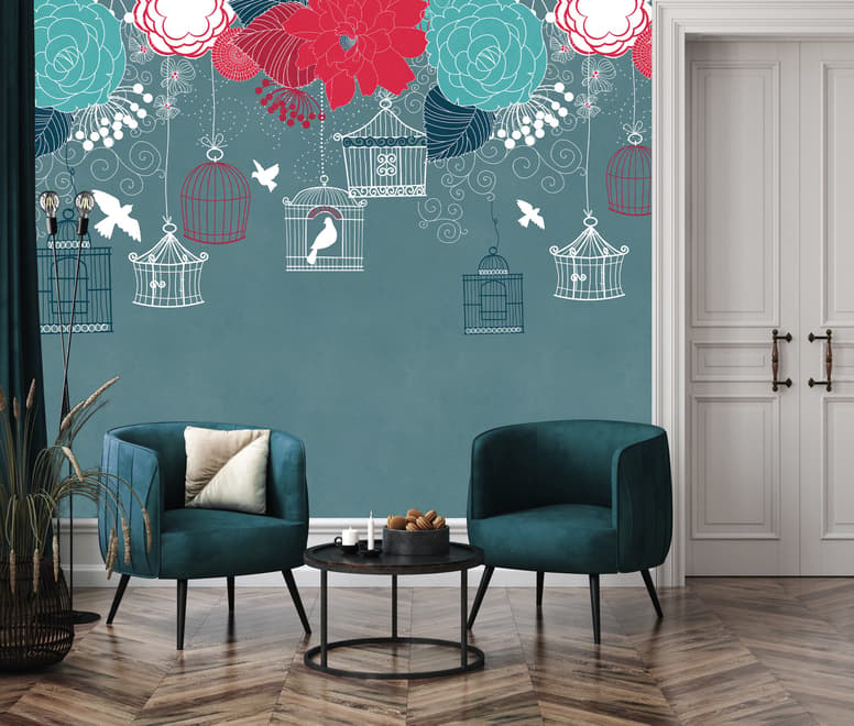 Cage Birds and Colorful Flowers Wallpaper Mural