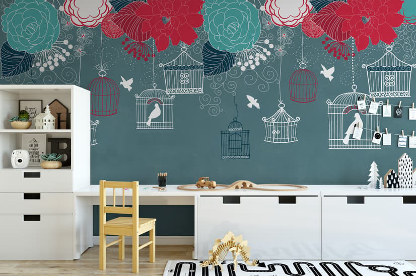 Cage Birds and Colorful Flowers Wallpaper Mural