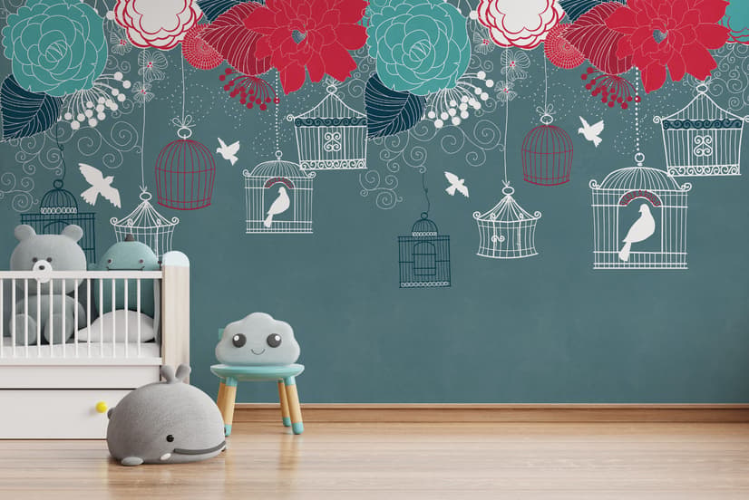 Cage Birds and Colorful Flowers Wallpaper Mural