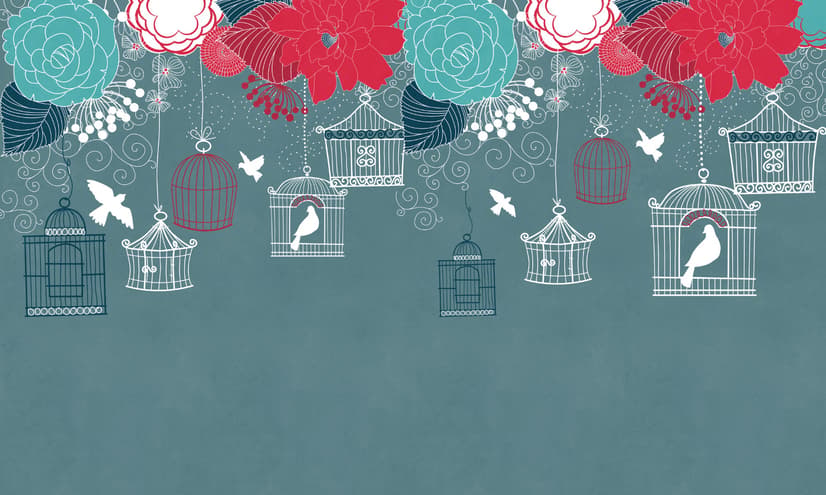 Cage Birds and Colorful Flowers Wallpaper Mural
