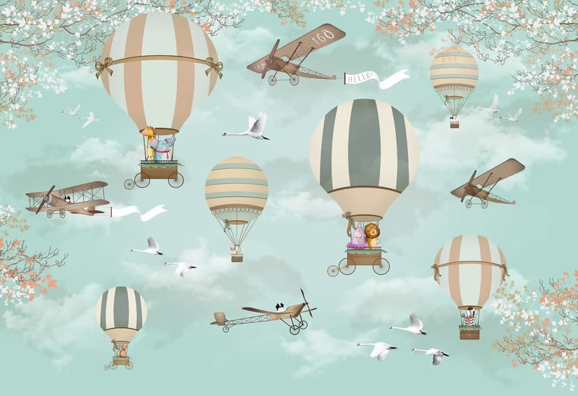 Hot Air Balloon with Animals Wallpaper Mural