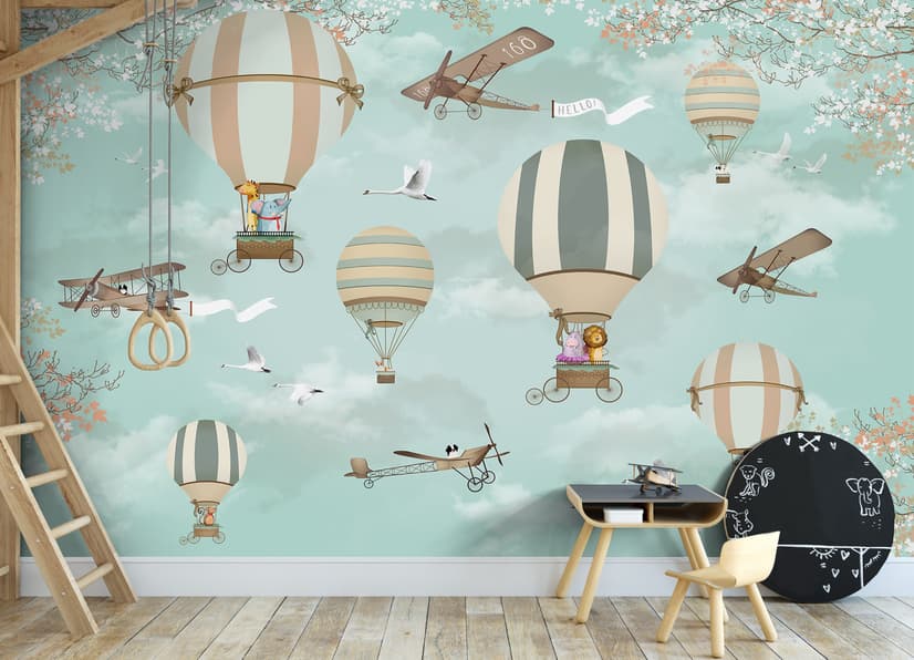 Hot Air Balloon with Animals Wallpaper Mural