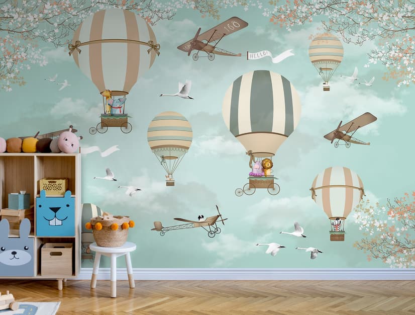 Hot Air Balloon with Animals Wallpaper Mural