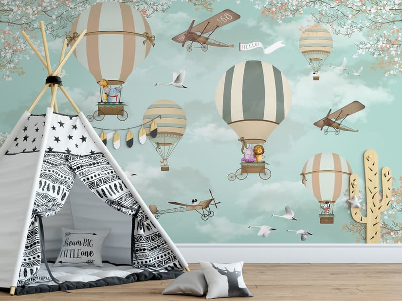 Hot Air Balloon with Animals Wallpaper Mural