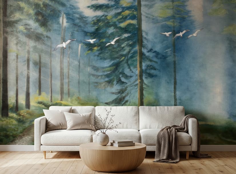 Watercolor Painting Misty Forestscape Wallpaper Mural