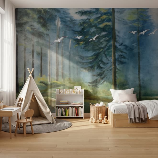 Watercolor Painting Misty Forestscape Wallpaper Mural