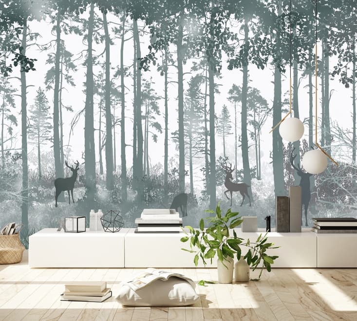 Dark Misty Forest with Horned Deer Wallpaper Mural