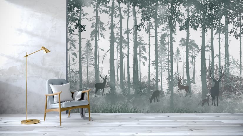 Dark Misty Forest with Horned Deer Wallpaper Mural