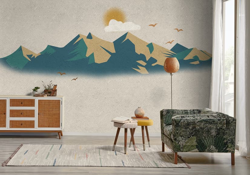 Fototapete mit Berglandschaft bei Sonnenaufgang und alter Karo-Textur
