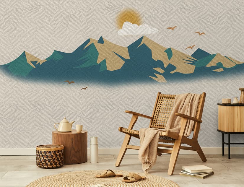 Mountain Sunrise Landscape and Old Plaid Texture Wallpaper Mural