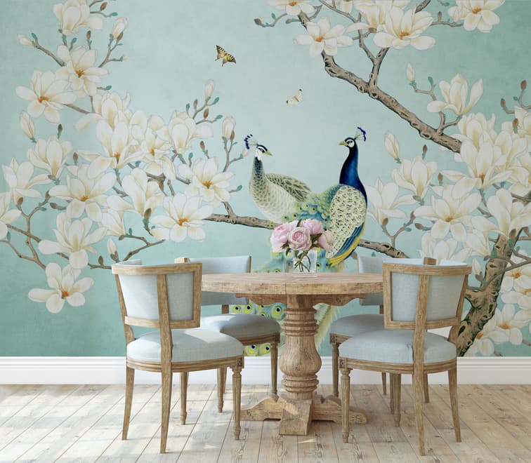 Papier peint paon avec fleurs de magnolia