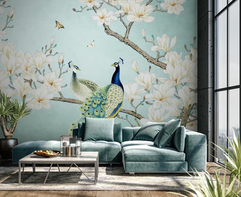 Pfau mit Magnolienblüte Fototapete